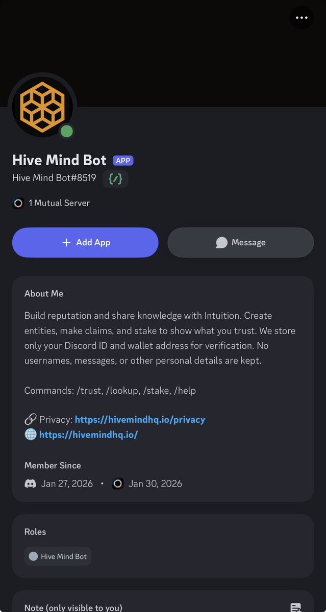 RealJolad's tweet photo. 👁️ Introducing Hive Mind Bot

A new Discord tool pulling live data from the @0xIntuition Knowledge Graph.
Look up any ENS or term.
See reputation, context, and connections — in seconds.

No assumptions.
No “trust me bro.”
Just verifiable knowledge.

Want to be part of the graph?
• Get an ENS
• Deposit to your profile atom
• Start mapping $trust — and watch it evolve in real time

But for now only MODs and community lead can operate the bot (@calebonchain @W00DS_eth @jencorr23 @fvngbill )

More features loading…

@0xIntuition builders are cooking 🔥 

$TRUST the process 👁️