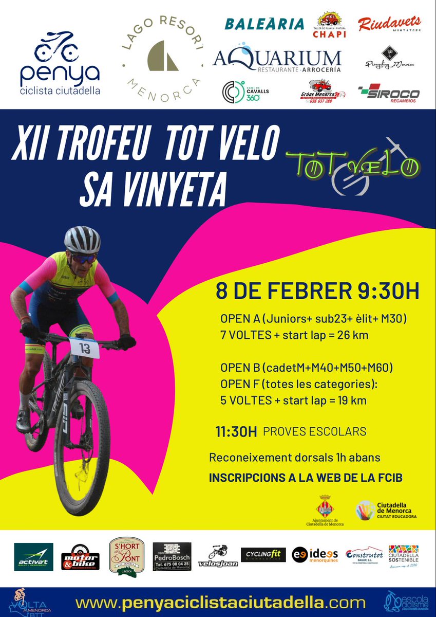 _FCIB's tweet image. 7/2
"MARABANS KIDS CHALLENGE"
Circuito Urbano
Santa Margalida CC

"UN HIVERN A MALLORCA"
1ª ETAPA - CRI ES RACÓ
Artanenc CC

8/2
"XIII TROFEU TOT VELO"
Menorca
BTT Rally
PC Ciutadella

"UN HIVERN A MALLORCA"
2ª ETAPA - TROFEU BICIS SANCHO
Mallorca
Carretera
Platges Cala Millor CC