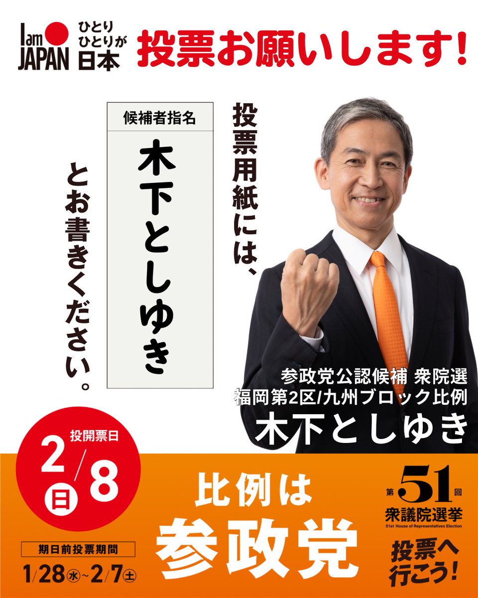 sanseitofukuoka's tweet photo. 休みなく皆様との交流に
全力です！

福岡2区 ‼️
投票用紙1枚目は木下としゆき ‼️
2枚目は参政党‼️

で投票頂ける方をどんどん増やしてください！福岡から日本の未来を切り拓きます！ https://t.co/oe5OegFFCd