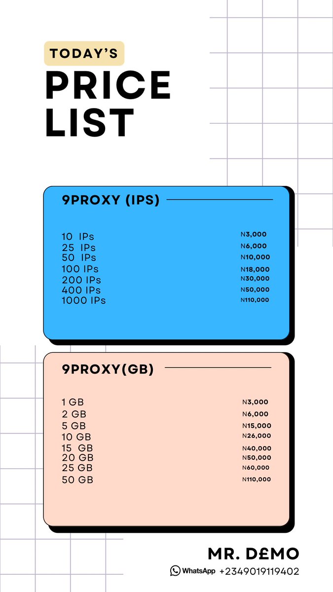 theproxyplugx's tweet photo. 9proxy IPs and 9proxy GB available to replace PIA S5
The IP is best used on PC while the GB is best for Phones
New to 9proxy? DM and Iβll give detailed instructions on how to use (with videos)
WhatsApp: +2349019119402
#9proxy
#PIAS5
#Socks5 https://t.co/d7izruYGU4