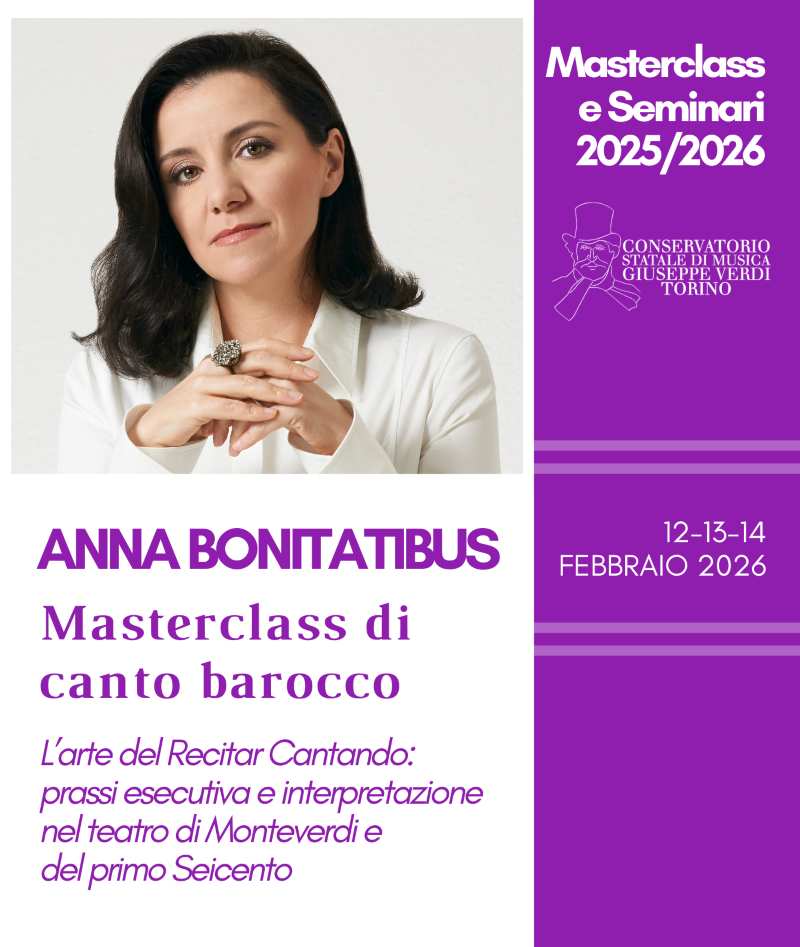 ConservatorioTo's tweet image. Una #masterclass di tre giorni con Anna Bonitatibus, docente ospite di canto barocco, dal titolo "L’arte del Recitar Cantando: prassi esecutiva e interpretazione nel teatro di Monteverdi e del primo Seicento" 🔜12-13-14 febbraio 2026 #ConservatorioTorino conservatoriotorino.eu/evento/masterc…