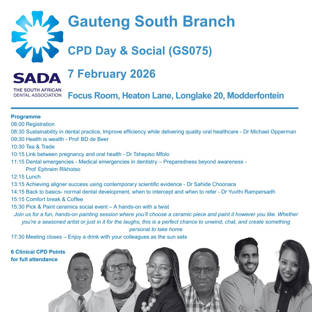 Gauteng South Branch CPD Day &amp; Social
Date &amp; Time: 7 February 2026 ; 08:00 - 17:00 
Location: Focus Rooms, Modderfontein

6 Clinical CPD Points for full attendance

Register: sada.glueup.com/event/158135/r…