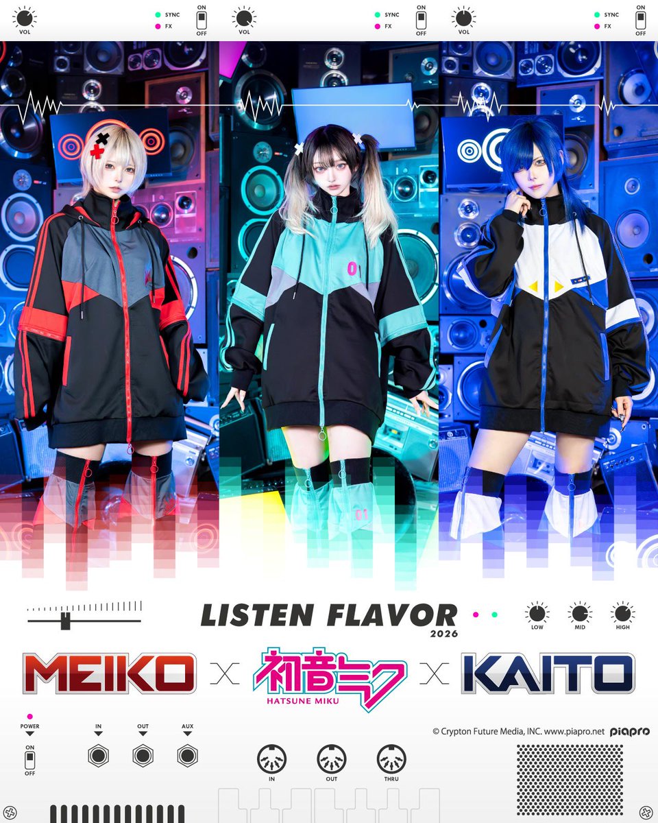 kerashinjuku's tweet photo. 【LISTEN FLAVOR】
🩵❤️💙2026初音ミクコラボ💙❤️🩵

🔊2月3日(火)～ご予約受付中🔊

世界中で大人気のバーチャルシンガー
『初音ミク』『MEIKO』『KAITO』
× LISTEN FLAVORコラボレーション

🩵初音ミク❤️MEIKO💙KAITO

①▪️2wayジャージ　税込¥19,800
②▪️ロンT　　　　　税込¥8,800
③▪️レッグカバー 　税込¥5,500

✅①②をご予約のお客様に先着でノベルティをプレゼント‼️

🔈ご予約開始▶2/3(火)～
🔉入荷予定▶3/8(日)
🔊お電話&店頭でのご予約☎️🆗️
