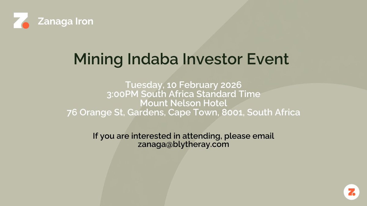 🚨 1 week to go 🚨

#ZIOC will host a briefing to investors on its strategic partner process and the project's development plans during <a href="/MiningIndaba/">Mining Indaba</a>. Places are limited, RSVP to secure your place.

Can't attend? A copy of the presentation will be made available on the website.