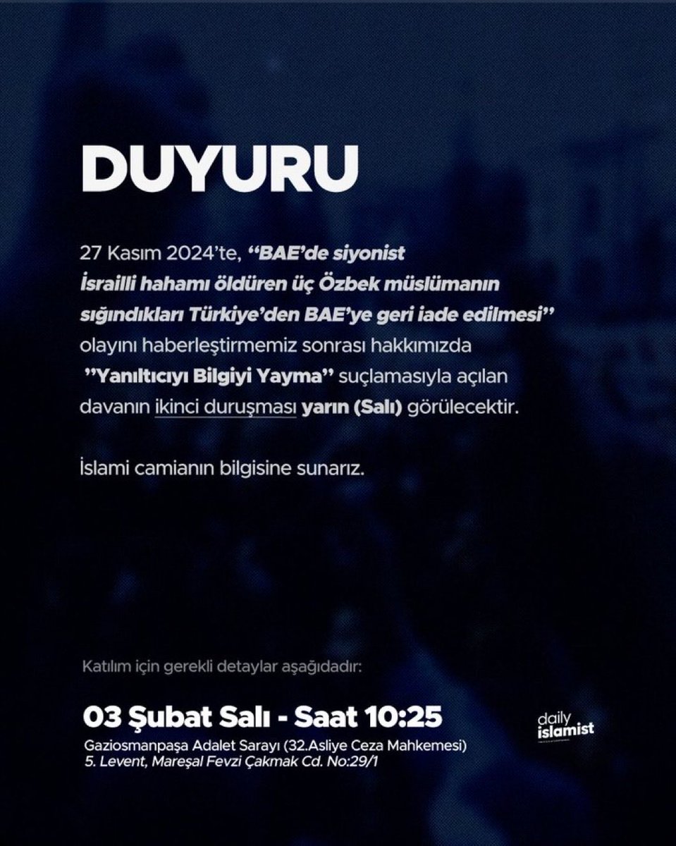 HÜDA PAR İnsan Hakları ve Hukuk İşleri  Başkanlığı olarak, "Daily İslamist" yöneticisi Numan Aydın hakkında açılan davanın ikinci duruşmasına katıldık.

Basın ve ifade özgürlüğü, hukukun temel ilkeleri ve adil yargılanma hakkı çerçevesinde süreci yakından takip etmeye devam