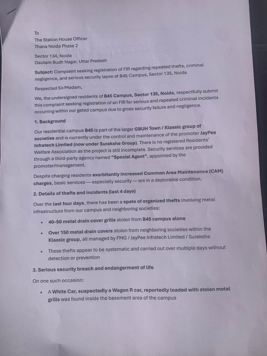 UtkarshVarma1's tweet photo. Letter submitted to Police station, sector 135. Request action on the theft at B45, Klassic, Sector 134 @noidapolice @Uppolice @CeoNoida https://t.co/B9MaQU3uz0