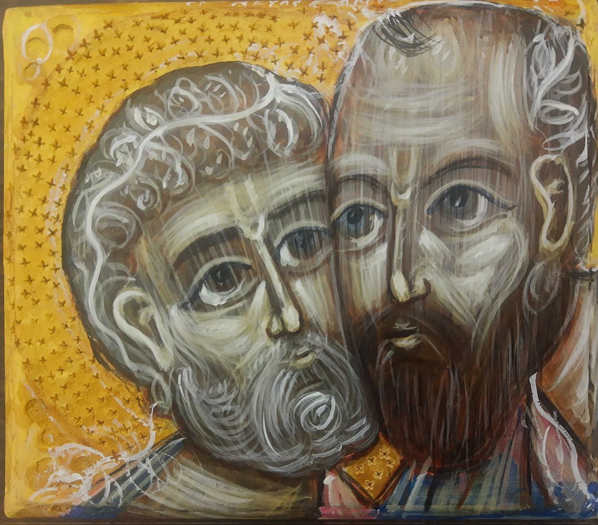 Sveti Petar i Sveti Pavle , 13.5 x 11.5 , lipa , kombinovana tehnika .
   ,, Ljubav dugo trpi , blagotvorna je, ne zavidi , ne gordi se , ne čini što ne priliči , ne traži svoje , ne razdražuje se i ne misli o zlu...." .