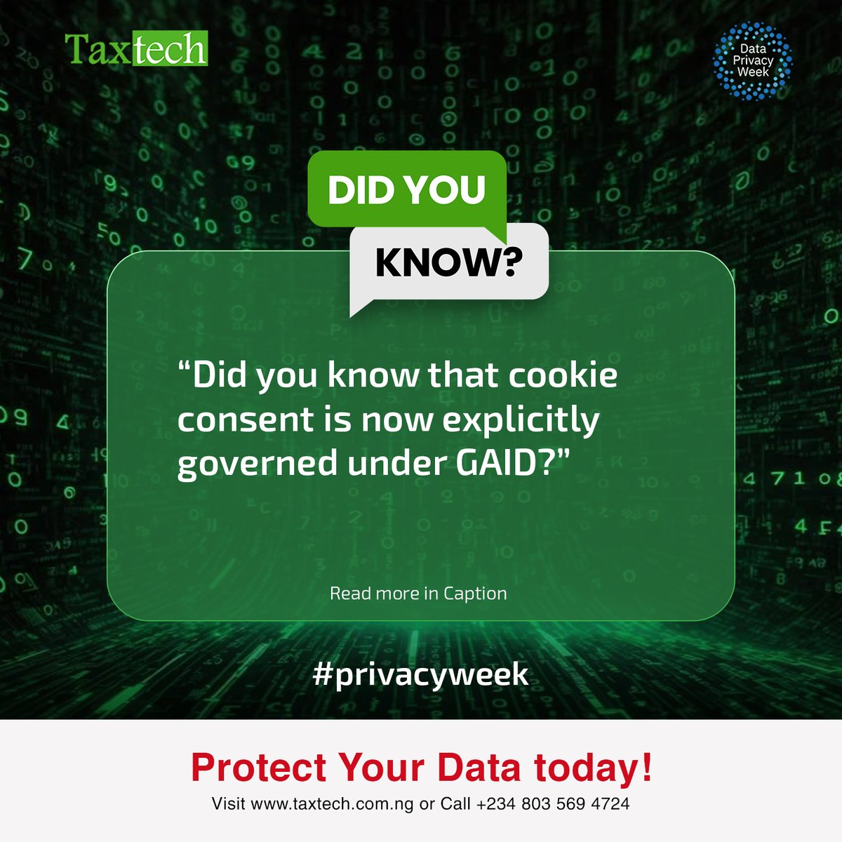 TaxTechNG's tweet photo. 🔎 Did you know cookie consent is now governed under GAID?

Websites must clearly inform users and obtain consent before using certain cookies that process personal data.

Better consent = better trust.

#PrivacyWeek #DataPrivacy #Taxtech https://t.co/BXk5Dujy0u