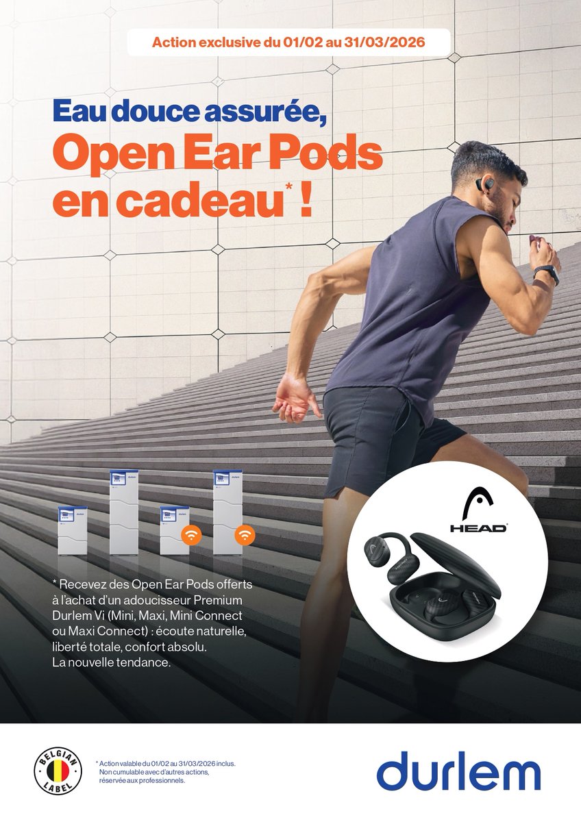 SupersanitGroup's tweet photo. Action Durlem du 1/2au 31/3/2026.
Pour tout achat d’un adoucisseur de la gamme Durlem Vi, recevez des Open Ear Pods Head en cadeau !
N’attendez pas, rendez-vous chez Supersanit pour achetez votre adoucisseur Durlem.
https://t.co/AfnAt48NkQ https://t.co/5anG1kkAUX