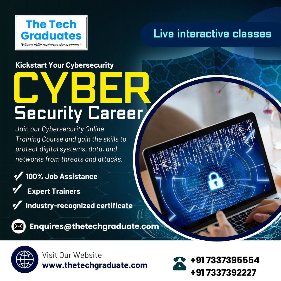 theTechGraduate's tweet photo. 🌐 https://t.co/2l7i9u8HsI  Cybersecurity Online Course – Enroll Today!  Step into the frontline of digital defense. 📞 +91 7337395554 
✉️ Enquires@thetechgraduate.com
🎁 FREE Demo Class – Reserve Your Spot Now!
Become job-ready in one of the world’s fastest-growing tech fields. https://t.co/CCuWx1jN2S