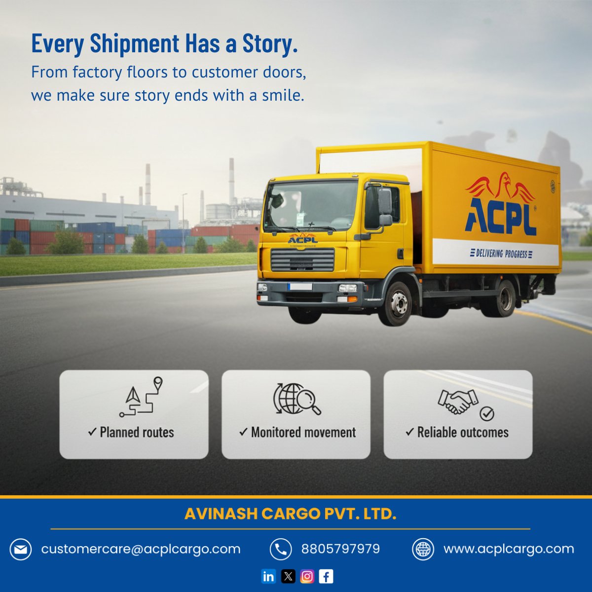 From busy factory floors to customer doorsteps, Avinash Cargo Pvt. Ltd. ensures every consignment moves with precision, care, and commitment. 

#ACPL #acpltransport #Logistics #Transportation #SupplyChain #CargoServices #ReliableTransport #LogisticsPartner #ACPLMovingForward