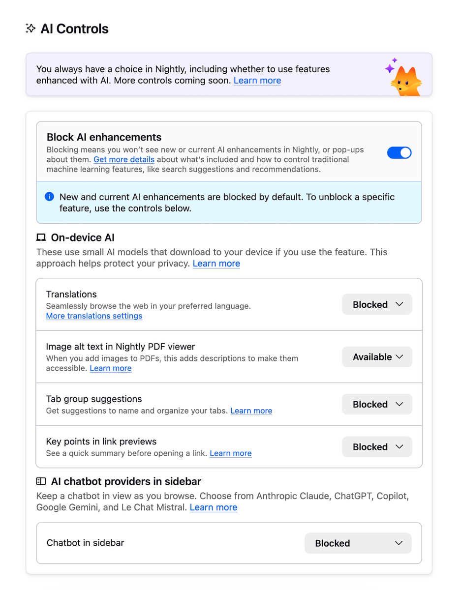 AI Controls are available in Firefox Nightly preferences! 

Documentation: support.mozilla.org/kb/firefox-ai-…

If you find a bug, please report it on Bugzilla via this link: mzl.la/AIControlsFile… 

Thanks!