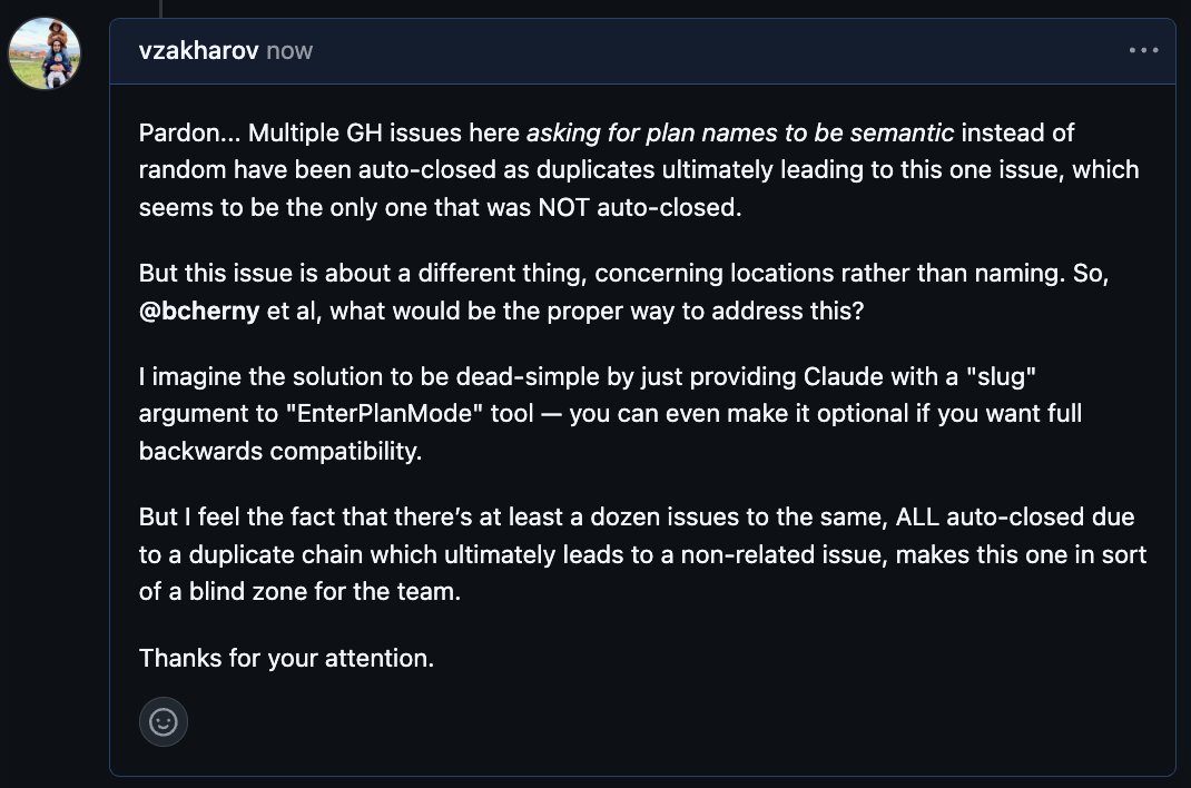 vovahimself's tweet image. Hey @bcherny &amp;amp; team, any chance for you to look at this one (in #12619). The problem is, there’s literally dozens of feature requests all closed as duplicates (of duplicates), but the entire duplicate chain is leading to an unrelated issue. Thx!