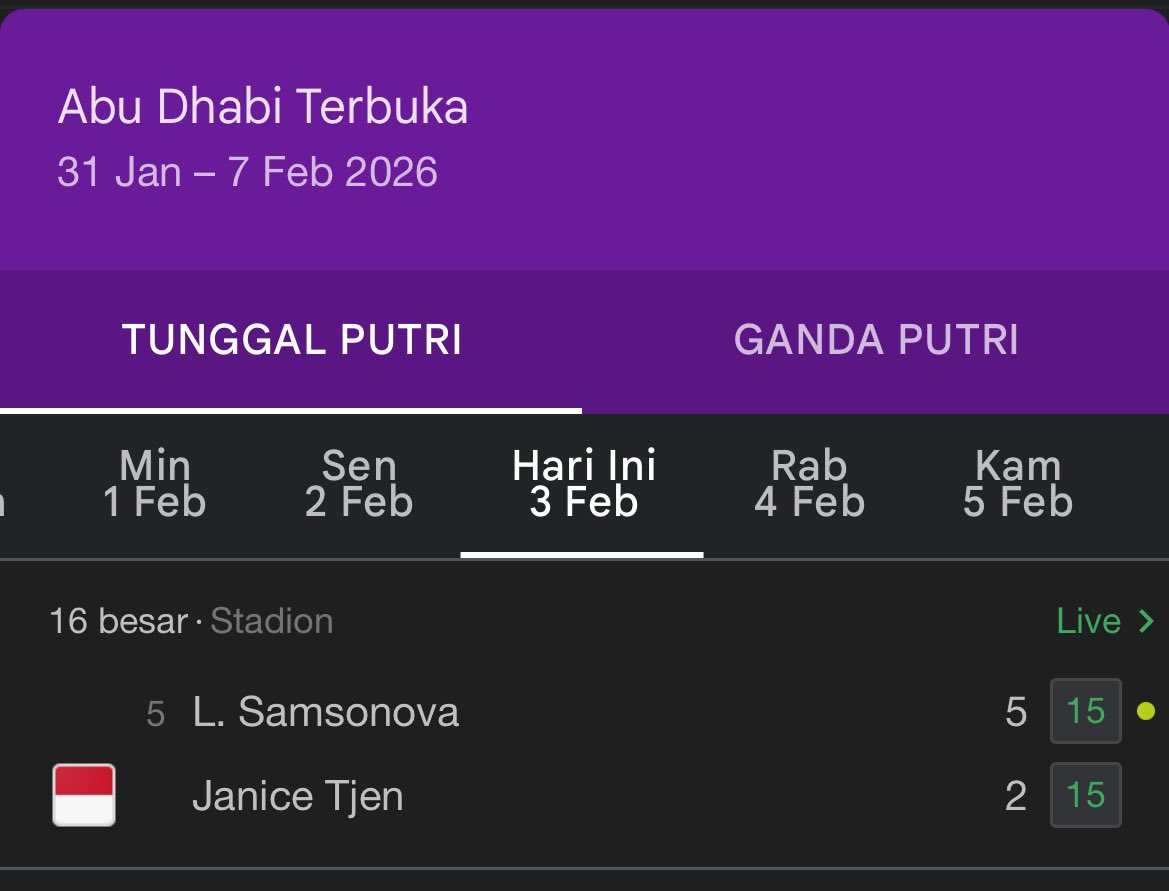 TenisIndonesia's tweet photo. Sedang bertanding, Janice Tjen. Semangat💪💪 #wta500 #AbuDhabi https://t.co/KeXOBNpaTQ