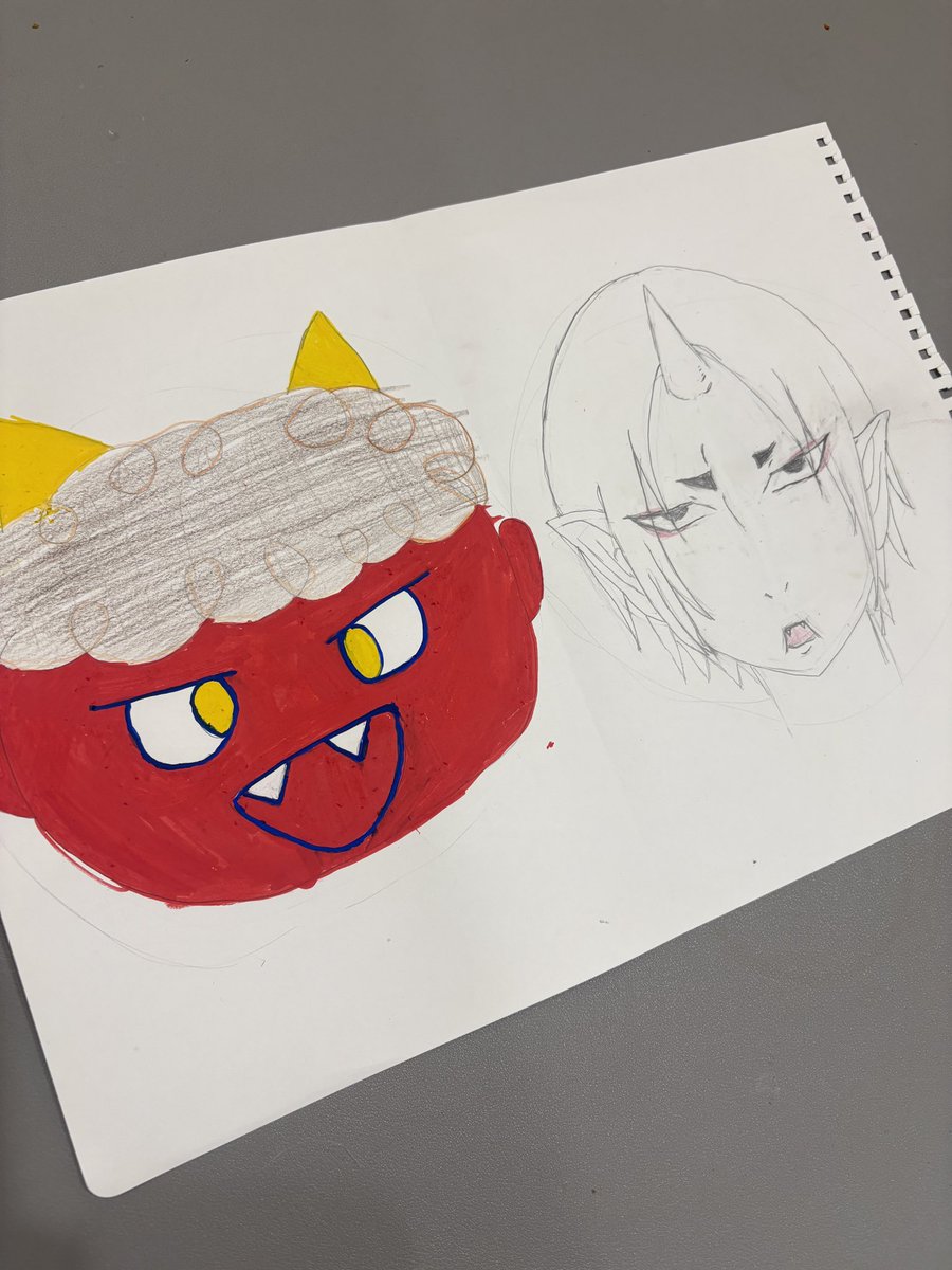 今年は鬼のお面付き豆を買えなかったので、子どもに鬼の絵を依頼したら、「どっちがいいー？」って出てきた。

なんだこの落差。右の鬼に豆ぶつけるの、勇気が必要だわ。