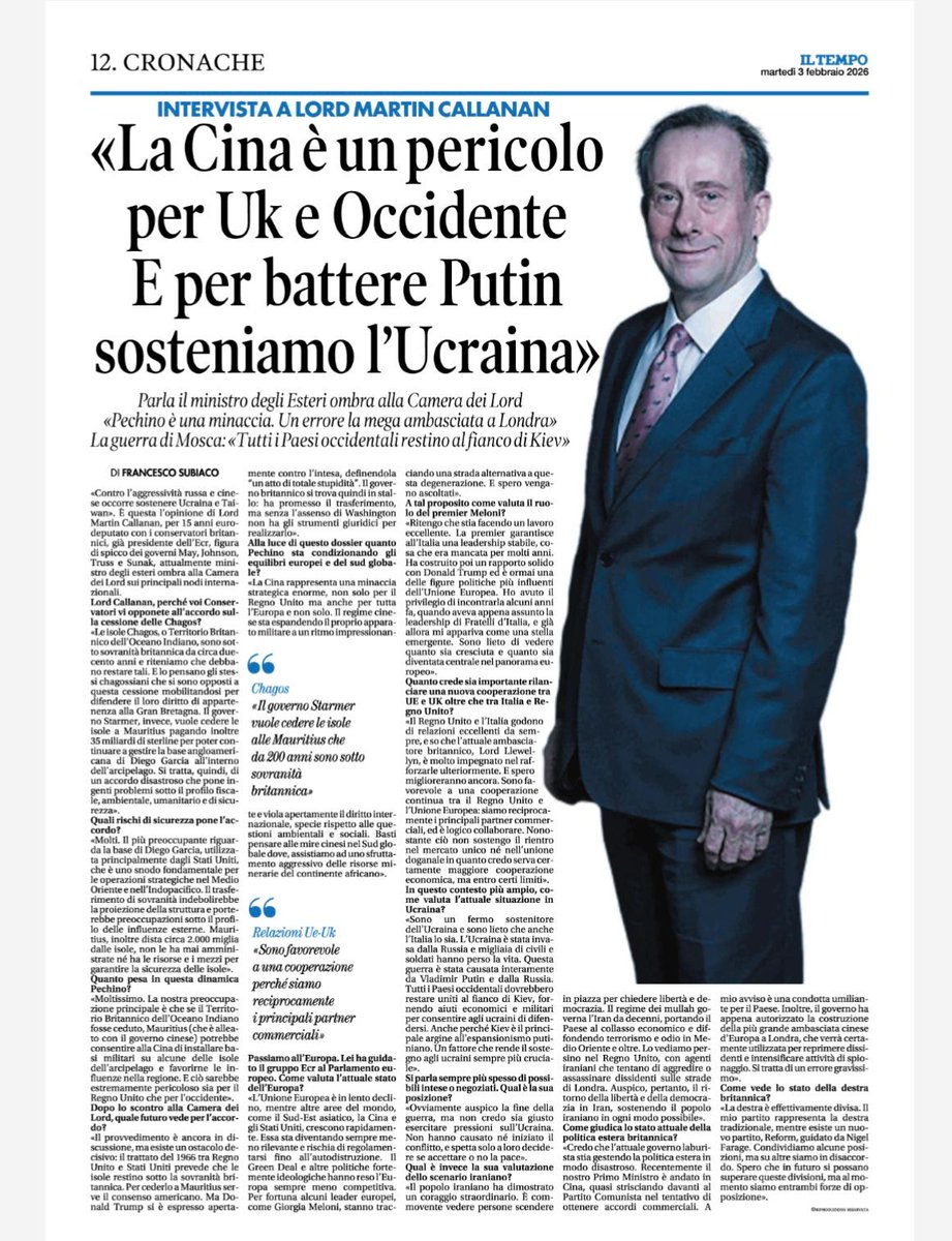 Su <a href="/tempoweb/">IL TEMPO</a> di oggi una mia intervista a Lord Martin Callanan sui principali nodi internazionali: dal caso Chagos ai rischi dell'assertività cinese nel Commonwealth 

<a href="/MartinCallanan/">Martin Callanan</a> <a href="/Capezzone/">Daniele Capezzone</a> #Conservatives #chagos #China #callanan