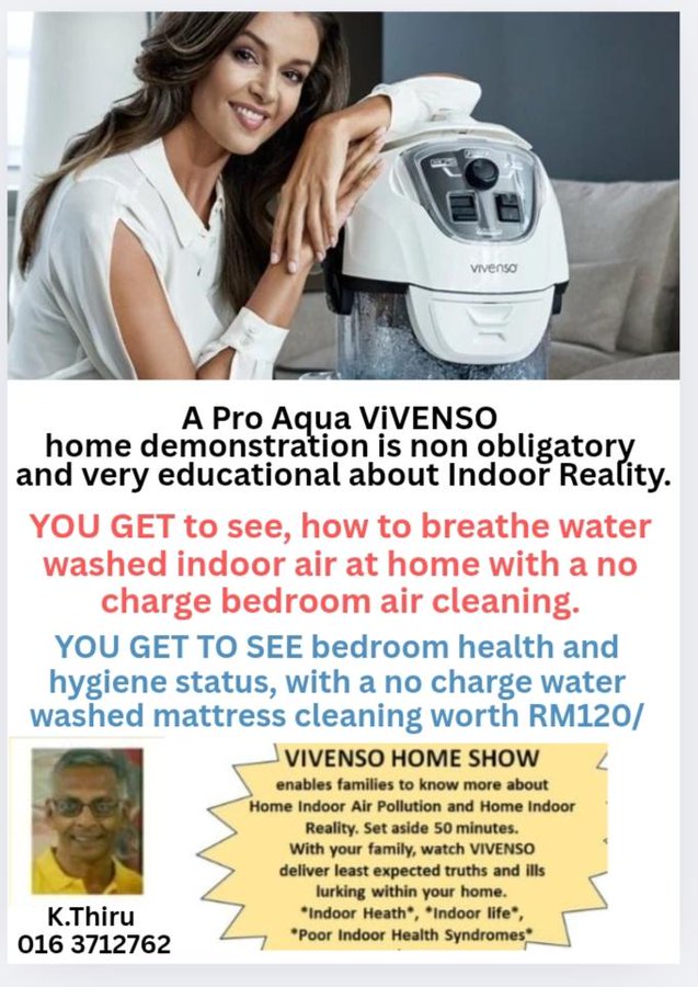 VivensoT's tweet photo. https://t.co/dx4ruCGStL #Selangor families may request for a demo to know the value and benefits of #VIVENSO at home from purifying, sanitising and medicating air to mattress cleaning and improved indoor health.  Call Thiru @ 016 3712762 https://t.co/bJGc3ETL80