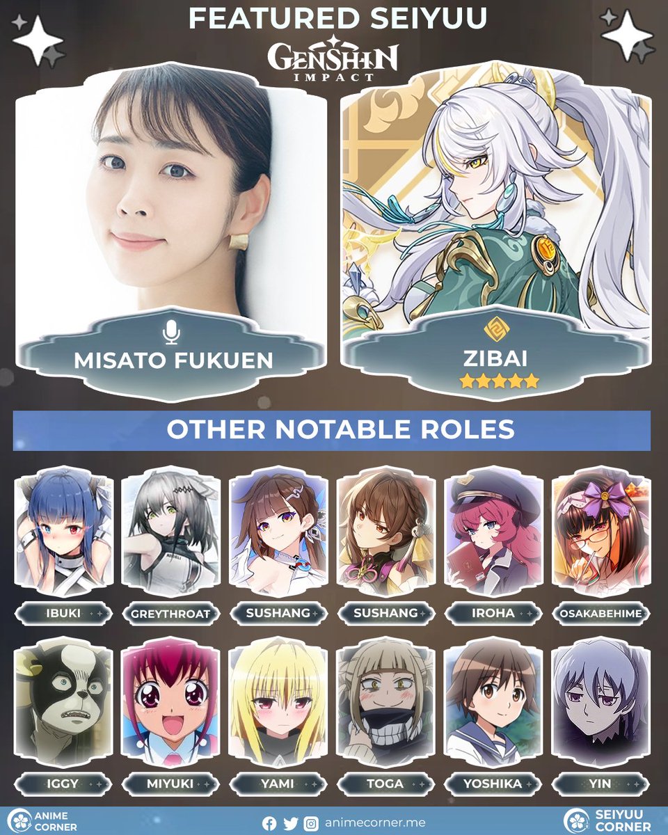 Misato Fukuen voices the newest playable character Zibai, an Angel who once governed the civilization of Lang-Gan and worshipped as the God of Soil and Grain in Genshin Impact!❤️

Best of luck to all travelers wishing in the Harmonious Abundance banner! ✨