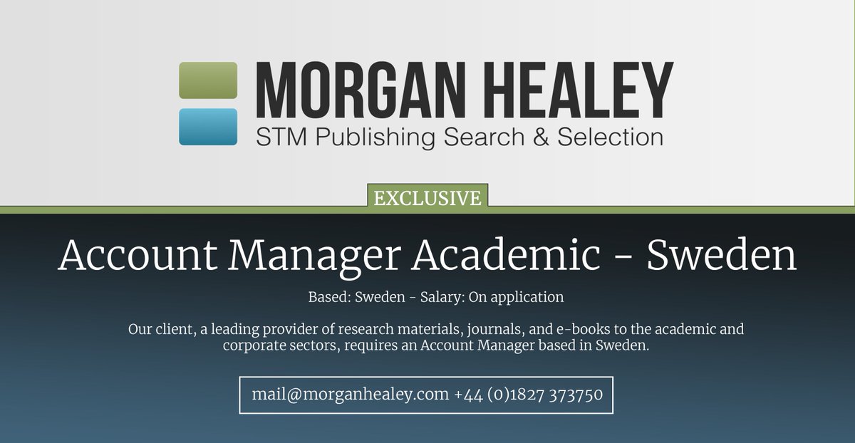 MorganHealeyRec's tweet photo. Exclusive Assignment:
Account Manager Academic – Sweden
Based: Sweden
Salary: Excellent, on application
https://t.co/FOVbTvXkA6
#Sales #STM #Publishing https://t.co/9gp2nXZ57o