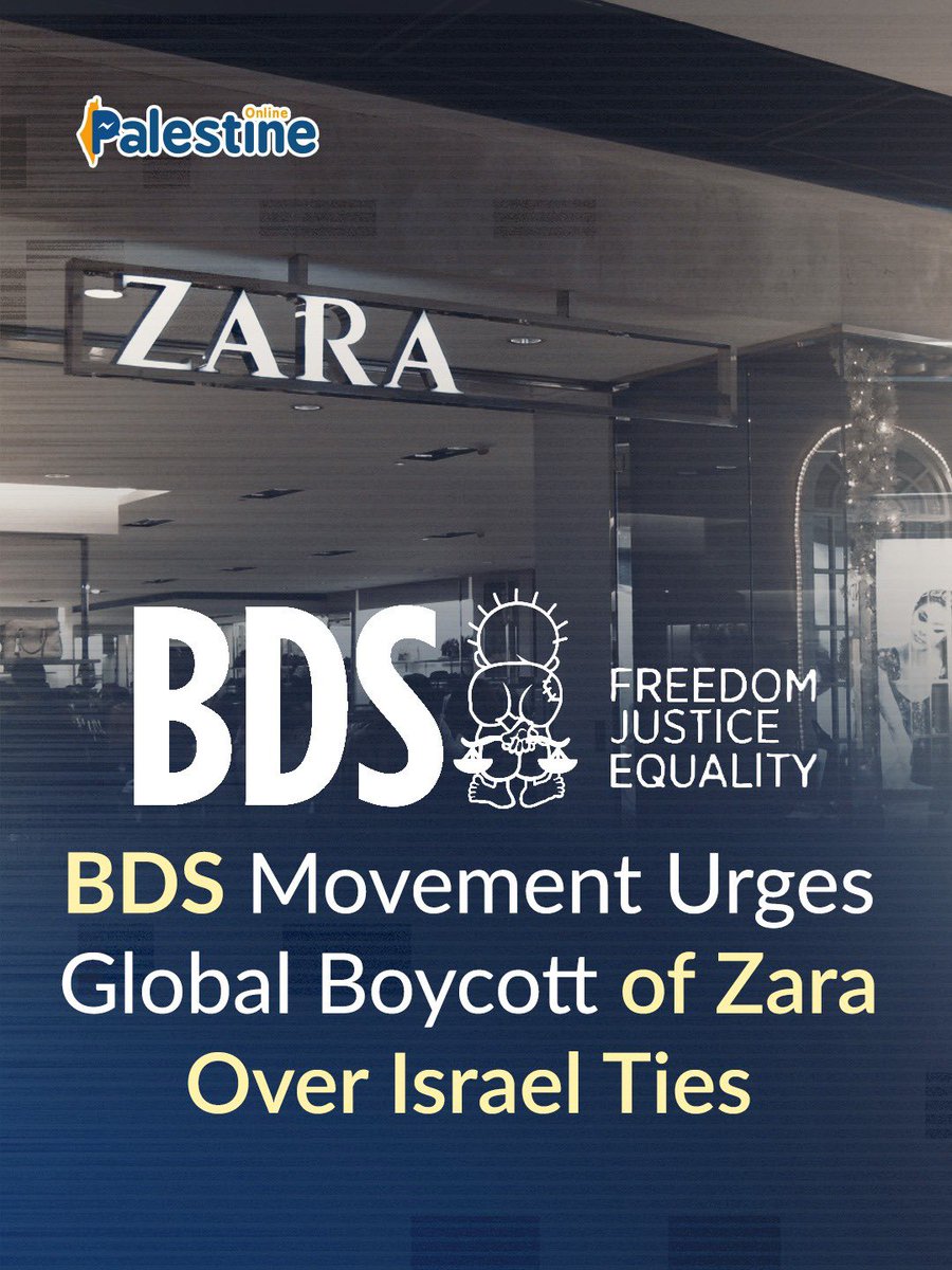 OnlinePalEng's tweet photo. BDS has called for a global boycott of Zara, accusing the brand of profiting from Israel’s occupation and apartheid policies. According to the movement, Zara’s parent company Inditex operates in Israel through Trimera Brands, which maintains political ties with far-right figures like Itamar Ben-Gvir.