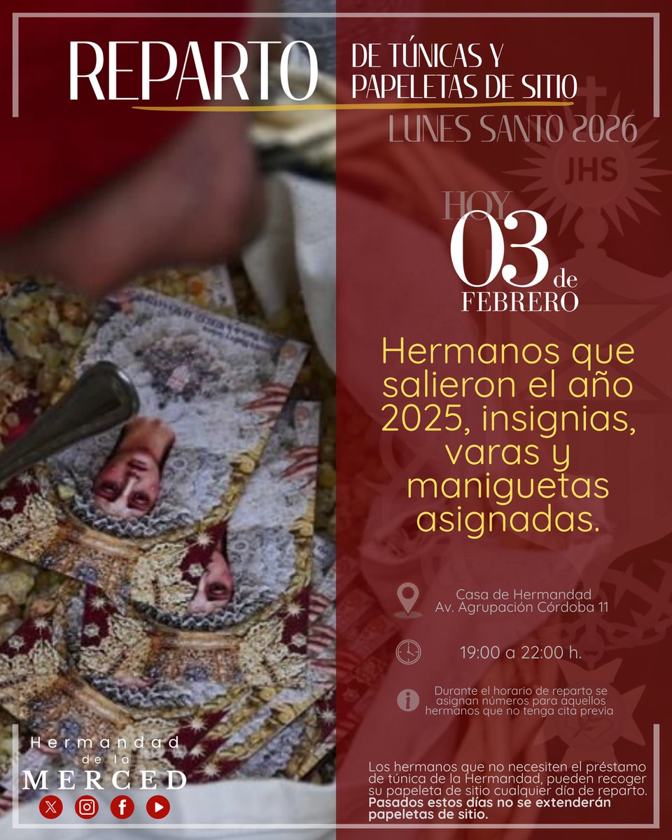 Hdad_Merced's tweet image. #𝑹𝑬𝑷𝑨𝑹𝑻𝑶 | Reparto de papeletas de sitio y túnicas

En el día de hoy, 3 de febrero, continúa el reparto de papeletas de sitio y túnicas.