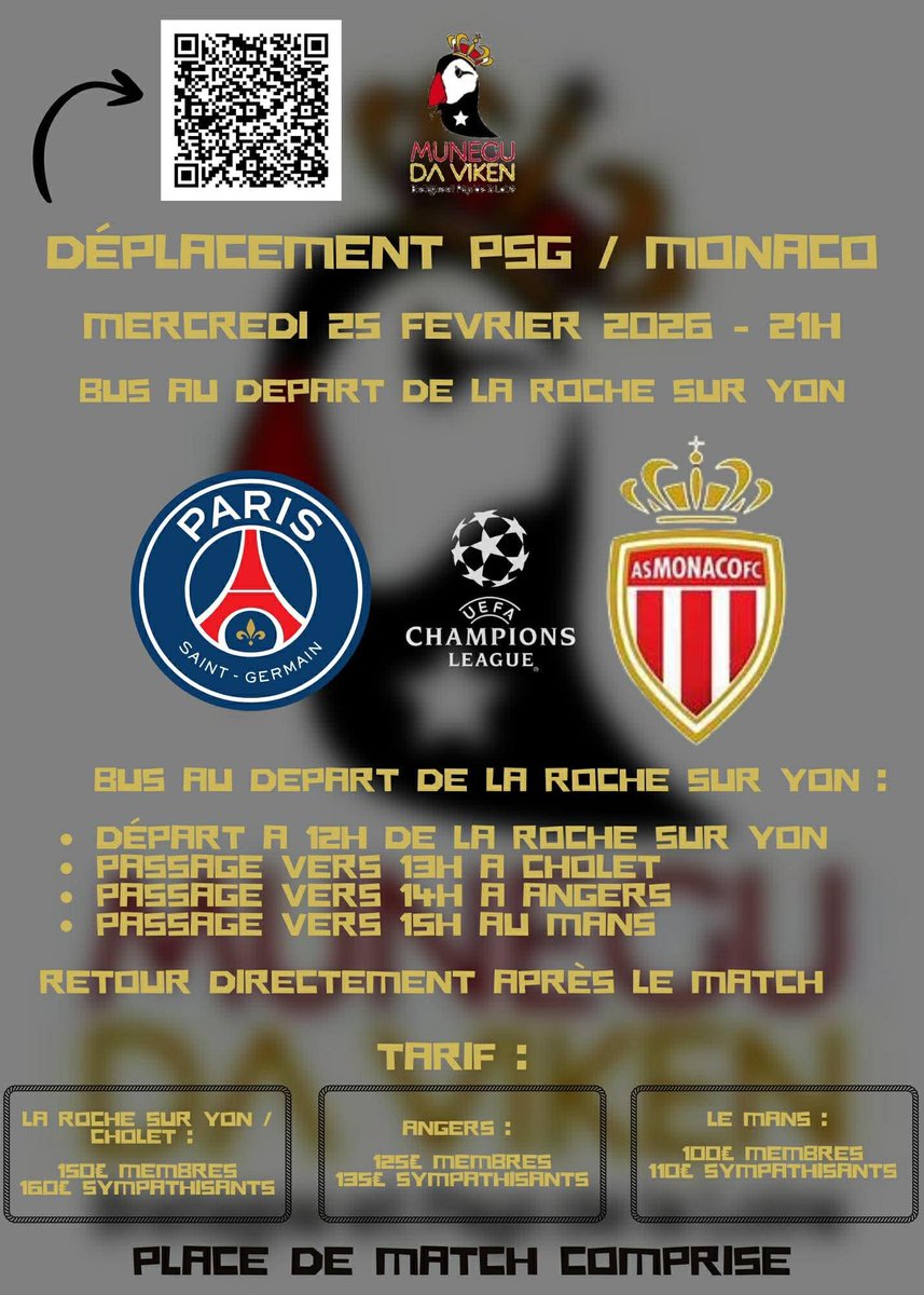 ‼️Déplacement PSG / Monaco‼️
Bus au départ de la Roche avec passage par Cholet, Angers et Le Mans. 

Ci-dessous le lien pour s’inscrire :

helloasso.com/associations/c…

Remplissez moi ce bus !!