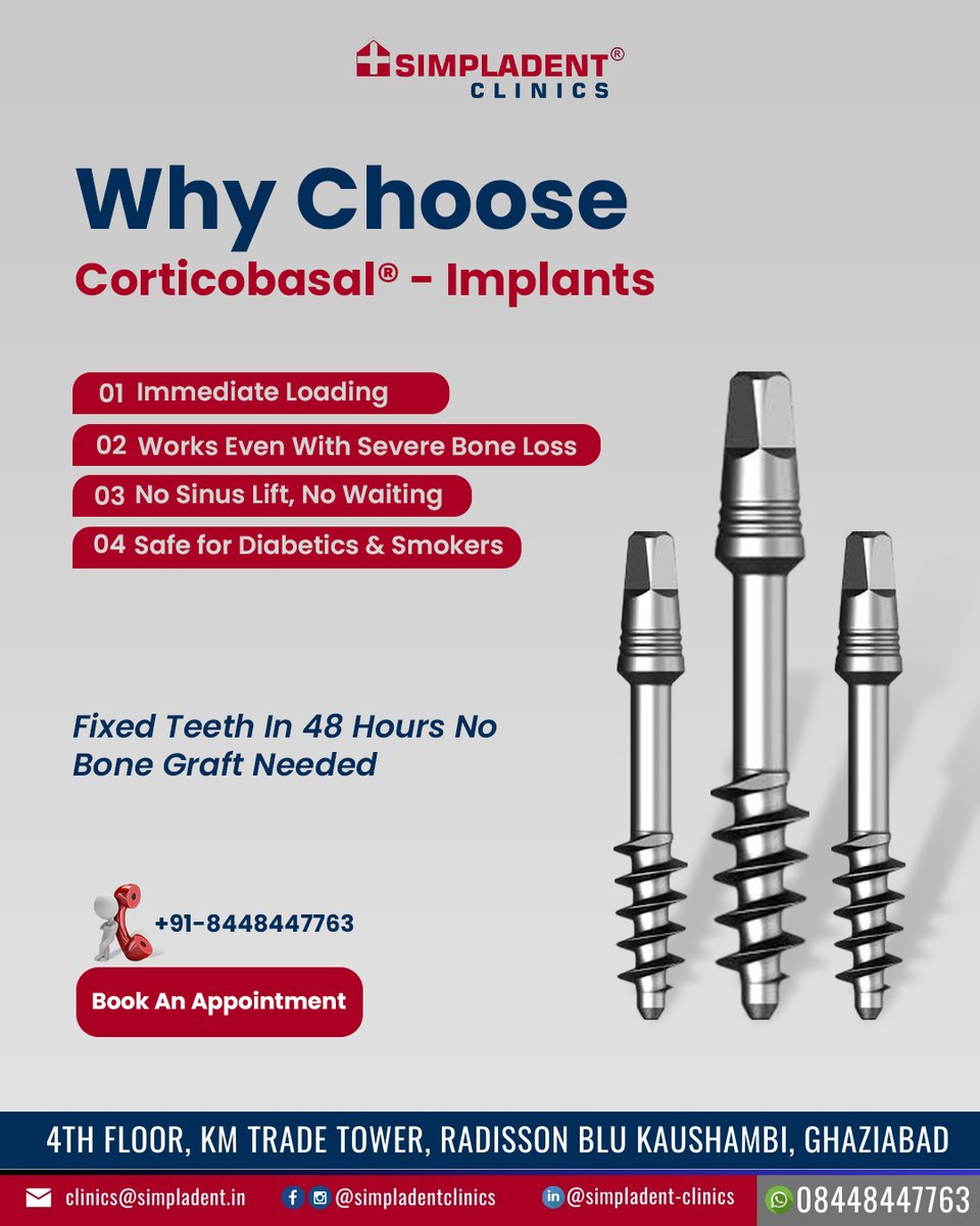 SimpladentC's tweet photo. New teeth in just 48 hours? Yes, it's possible! ⏱️😁

Simpladent Clinics offers Corticobasal® Implants, the perfect solution for those told they have "too much bone loss" for regular implants.
📞 +91-8448447763.
📧 clinics@simpladent.in
🌐  https://t.co/VZiqTBINoo https://t.co/oMvMmcl3T5