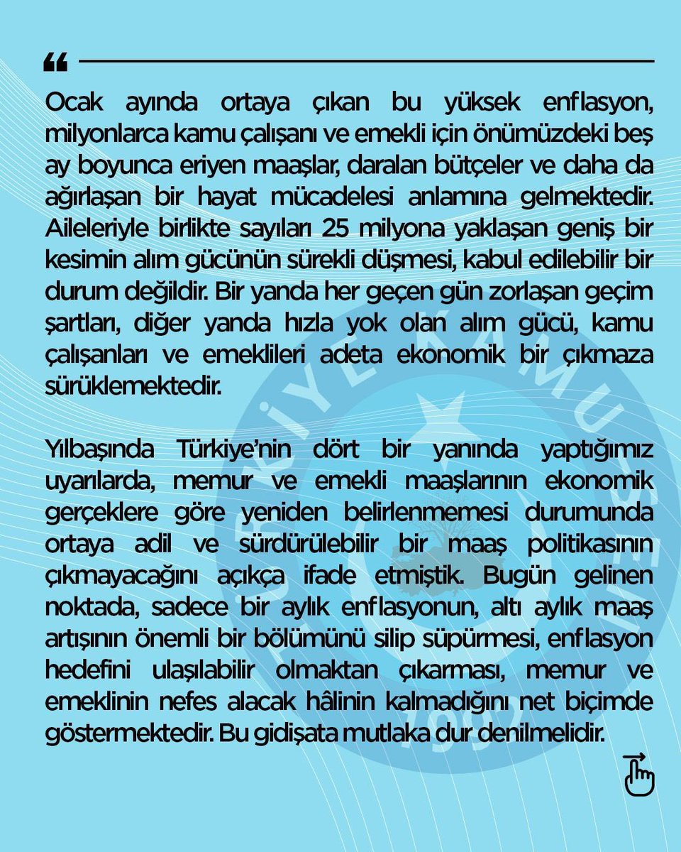 MEMUR BÜTÇESİ 2026’NIN İLK AYINDAN ALARM VERDİ
 
TÜİK tarafından açıklanan 2026 yılının Ocak ayı enflasyon rakamları, milyonlarca memur ve emeklinin içinde bulunduğu ekonomik sıkıntıyı bir kez daha bütün çıplaklığıyla gözler önüne sermiştir.
 
Resmî verilere göre ocak ayında mal