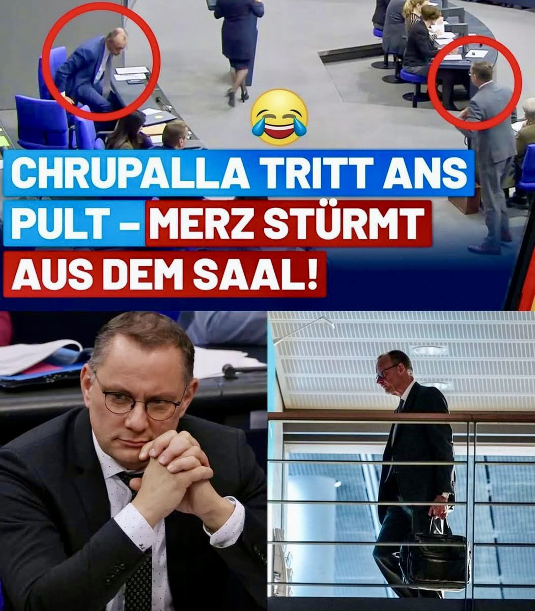 Chrupalla geht ans Rednerpult, Merz geht schon mal … nach draußen. Der eine sucht die Auseinandersetzung, der andere den nächstgelegenen Ausgang. Wenn Haltung den Raum betritt und heiße Luft fluchtartig entweicht. Chrupalla bleibt standhaft. Merz bleibt sich treu.