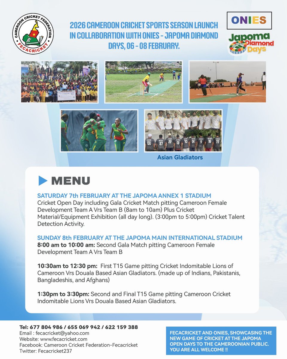 @ the Cameroon Cricket Federation, it's going to be a jamp- packed weekend with cricket activities in Douala at the Japoma Stadium. Lovers of Cricket allover Cameroon and particularly in Douala, don't miss these events beginning Saturday 7th to Sunday 8th February.