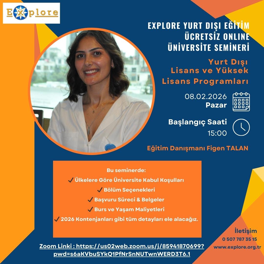 🎓 Yurt Dışında Üniversite Hayalin Var mı? O zaman bu webinar tam sana göre! 🌍✈️
ÜCRETSİZ Online Üniversite Seminerinde; Ülkelere göre üniversite kabul şartları gibi tüm detayları adım adım ele alıyoruz.
🔗 Katılım Sağlayabileceğiniz Zoom Linki : us02web.zoom.us/j/85941870699?…