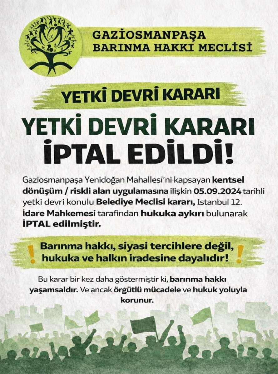 Gaziosmanpaşa’da Yenidoğan Mahallesini kapsayan kentsel dönüşüm / riskli alan uygulamasına ilişkin 05.09.2024 tarihli  ve yetki devri konulu  belediye Meclisi kararı iptali edildi.