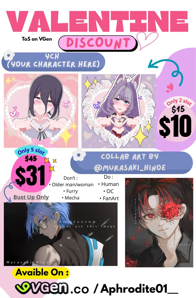 Reposts are greatly appreciated!! ♡

Hello! I’m opening my commissions for this month ✨
Available: YCH &amp; Custom commissions

💝 Valentine special discount for a limited time!✨

Orders via VGen only
Feel free to message me if you have any questions!
Thank you🩷
#VGenComm #VGen