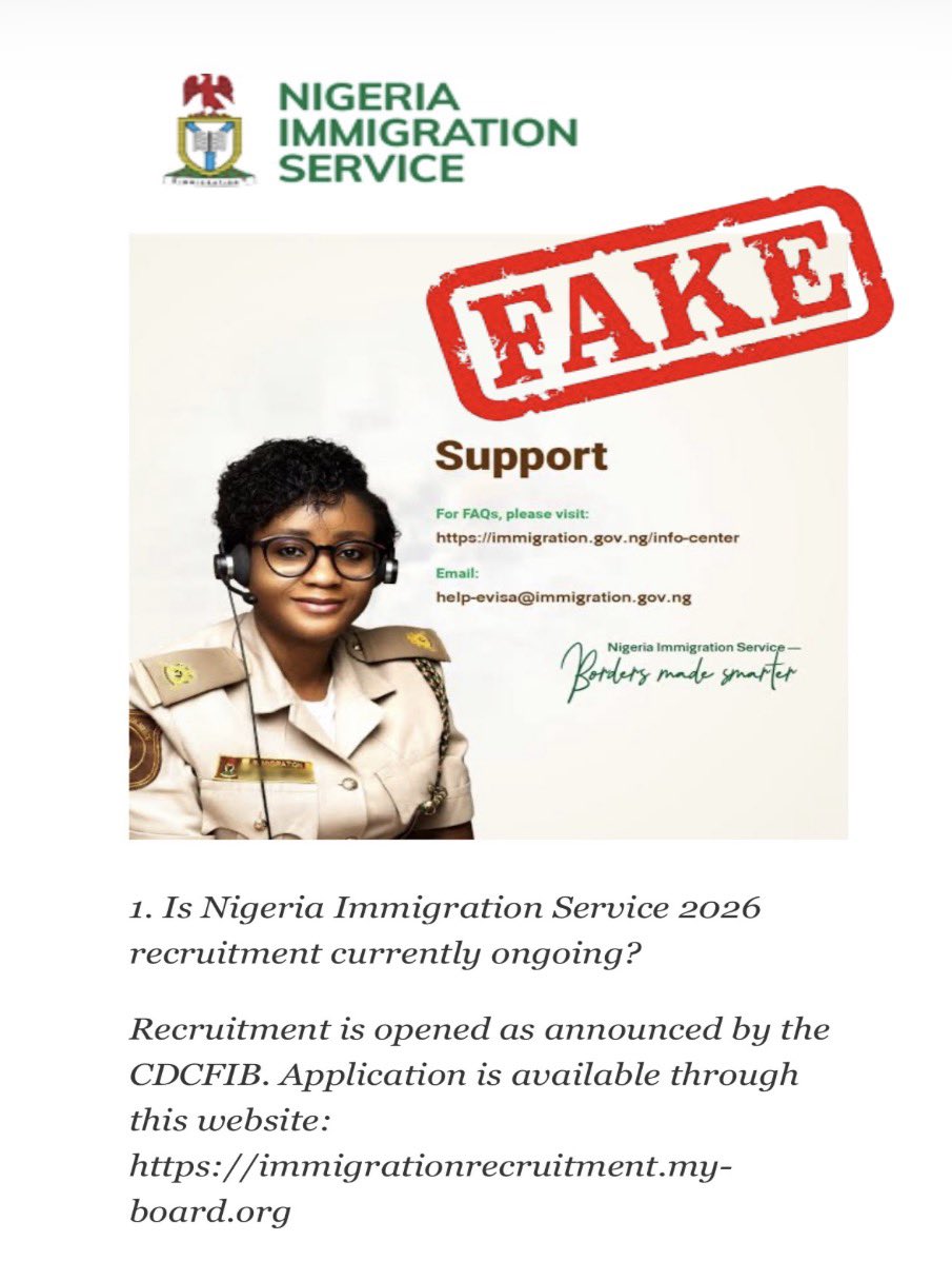 DISCLAIMER ‼️‼️

The attention of the general public is drawn towards the  circulation of fake websites purporting to conduct recruitment into the Nigeria Immigration Service, and are advised that the only ongoing recruitment exercise is the official recruitment being conducted