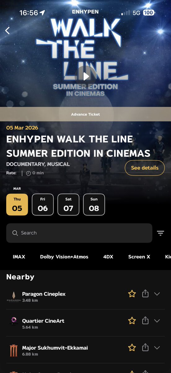 major มีรอบเยอะกว่าที่พารากอน โรงพิเศษ5-6 มี 16.00/19.00/20.30 แต่ 7-8 มี 16.00/19.00 โรงปกติ+ที่อื่น 5-6 19.00 / 7-8 14.00

แสดงว่าถ้าไม่ใช่โรงพิเศษก้คือรอบเหมือน sf เลยคือวันละ 1 รอบ🥹