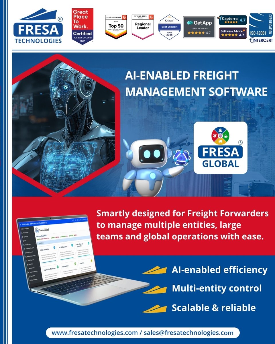 fresatechnology's tweet photo. Fresa Global – AI-Enabled Freight Management Software

Revolutionize your freight forwarding with Fresa Global!

For more details, visit here 🔗 
https://t.co/hDV4sOxmfZ

#FresaGlobalERP #AIPoweredSoftware #FreightForwarding #LogisticsSolutions #SmartLogistics #ShippingSoftware https://t.co/ZebfMzGP32
