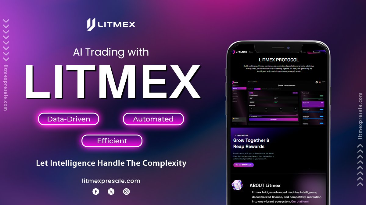 Litmexprotocol's tweet photo. AI trading made simple🤖
Data-driven insights + automated execution with Litmex.
Let intelligence handle the complexity.
🔗 https://t.co/sdxguolP51
🔗 https://t.co/O4I6K3DP7D
$LMX Contract:
Bm2y8RLPLeZuvUfQ7m3UKRiHGewTpzYt7pX8ZpzimM7d
#Litmex #LMX #PresaleLive #CryptoTwitter https://t.co/XEy5JCsoHP