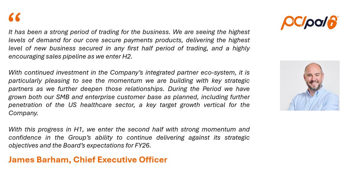 WalbrookPR's tweet image. ➡️@PCIPAL (AIM: #PCIP) - H1 trading update

🥇 Record H1 for new business won
📈 ARR stood at £20.3m - 21% increase y-o-y (25% on constant currency)
✅ CARR reached £24.0m, an increase of 18% y-o-y (21% on constant currency)
⬆️ Cloud platform uptime was 100% across the half year