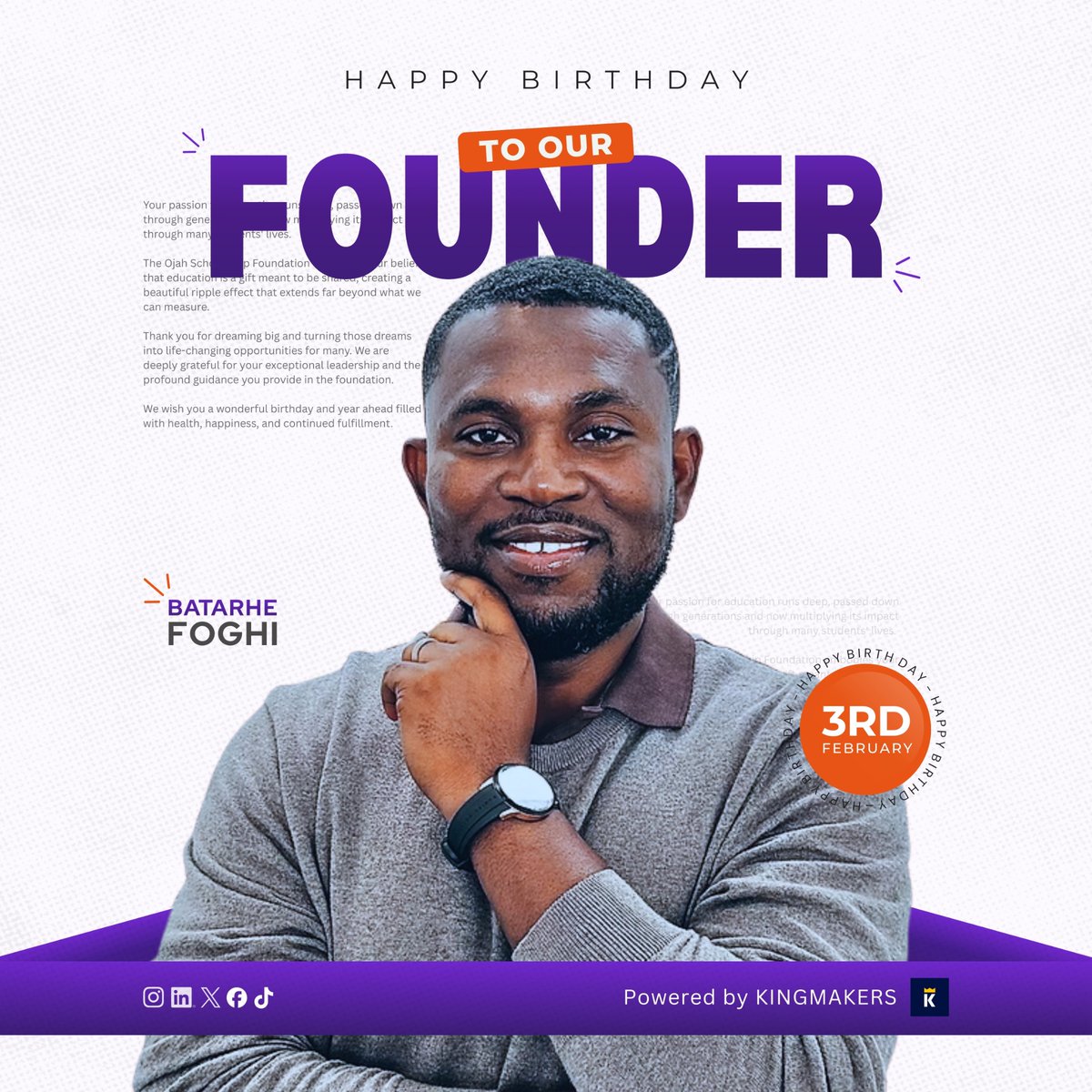 Happy Birthday to our Founder!🎉 

Your passion for education continues to transform lives through the Ojah Scholarship Foundation. Thank you for inspiring change and creating opportunities for many. Wishing you a year filled with joy and impact.

#OjahScholarshipFoundation