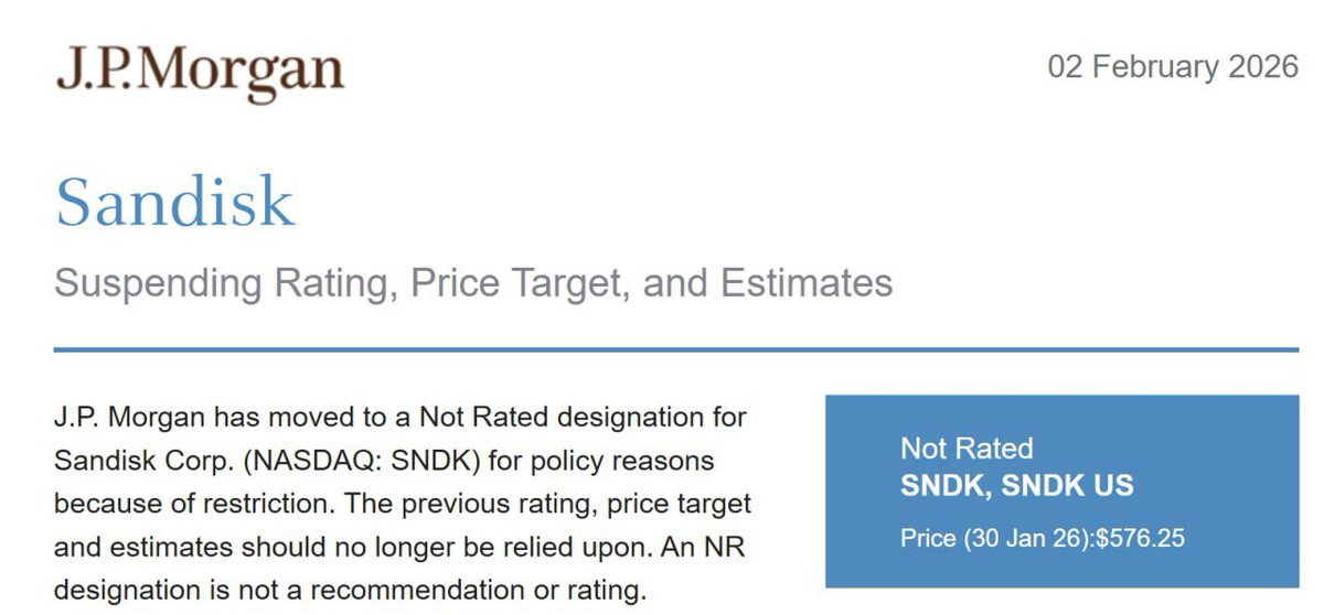 jukan05's tweet photo. I was imagining something: what if a certain company is trying to acquire Sandisk, and since JPM is advising on the deal, JPM stopped covering Sandisk because of that?

Of course, it could be for a different reason. But I can’t really think of any other explanation. https://t.co/kKNtlCulhc