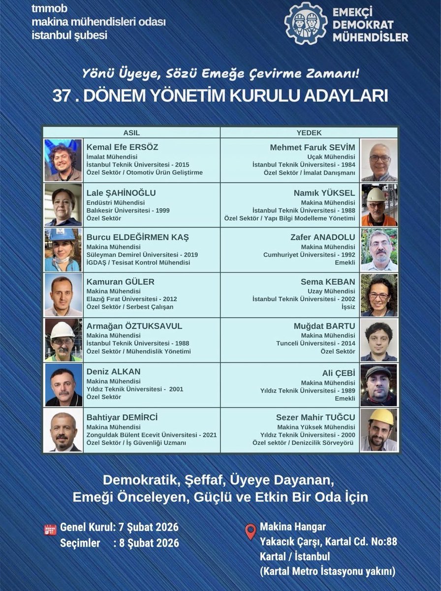 TMMOB Makina Mühendisleri Odası İstanbul Şubesi seçimlerinde Emekçi Demokrat Mühendisleri destekliyoruz.
Emekten, demokrasiden ve barıştan yanayız.