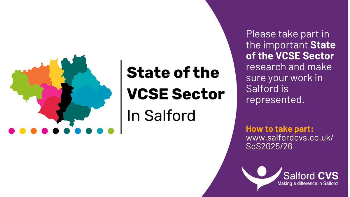 Please complete the State of the VCSE Sector survey and make sure your work in Salford is represented.  The research builds a picture of the sector across GM’s and ensures the scale and impact of our sector is understood and reflected in decision-making. 

buff.ly/kfCMwwJ