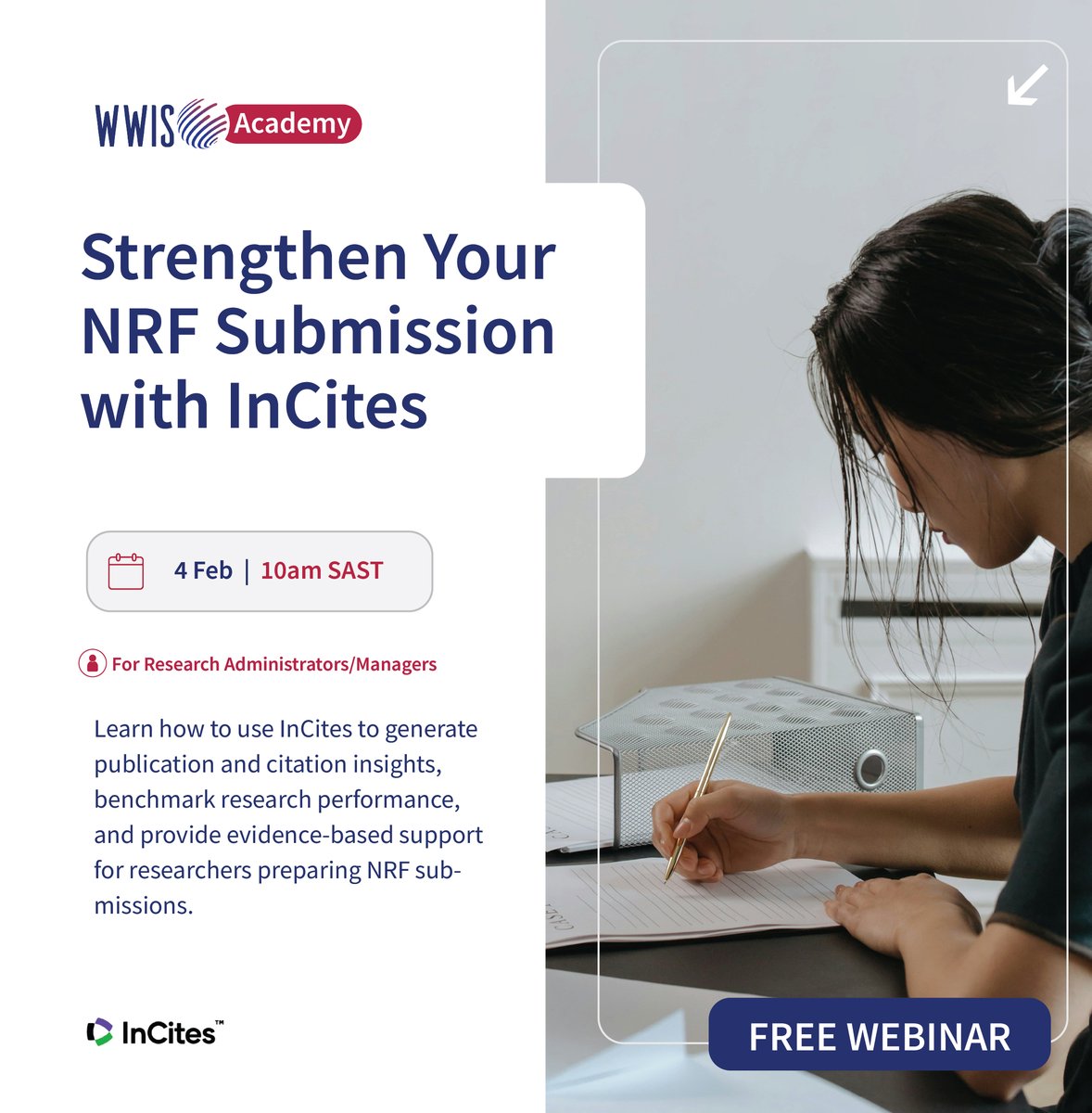 Join us tomorrow for an interactive webinar on how to use InCites to generate publication and citation insights, benchmark research performance, and provide strong, evidence-based support for NRF submissions.

🔗 Register here: zurl.co/iPKdx 

#NRFsubmissions