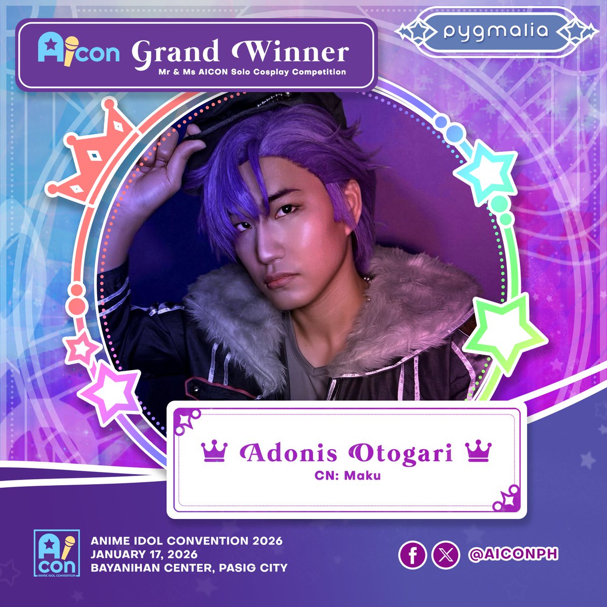 Congratulations to our winner for AICon 2026's Mr. AICon Cosplay Competition, Maku as Adonis Otogari! 🌟

May he continue to shine like magic for aspiring idols! 🌟

#AnimeIdolConvention2026
#AIConPH #AICon2026 #AIConPH2026
