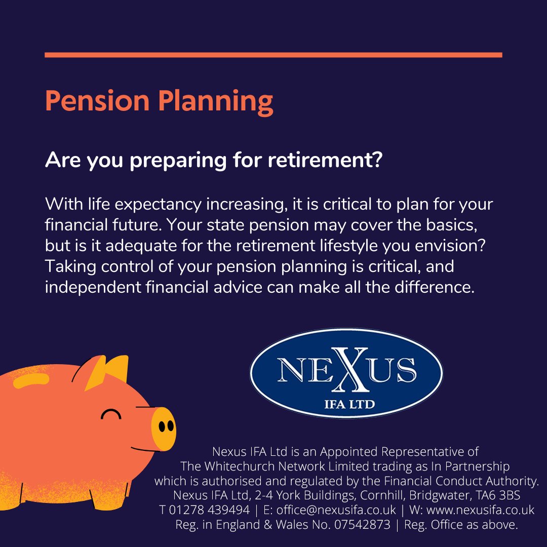 Independent Financial Advisers 
nexusifa.co.uk/pensions.html
#RetirementPlanning 
A pension is a long term investment. The fund value may fluctuate and can go down. Your eventual income may depend upon the size of the fund at retirement, future interest rates and tax legislation.