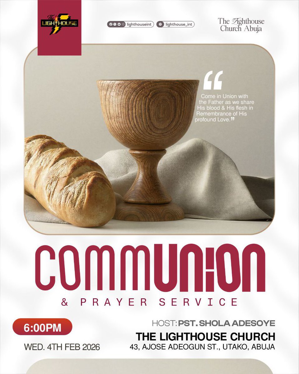 Join us for COMMUNION SERVICE this Wednesday. God is set to do mighty things in your life and family.
#communion #iamlighthouse