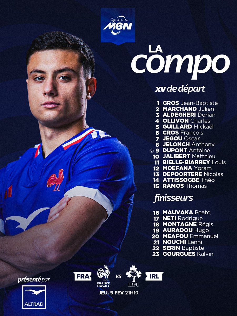 📋🔥 La 𝙘𝙤𝙢𝙥𝙤 est là !
 
Place au premier grand rendez-vous du Tournoi !
Vos Bleus défient l’Irlande ce jeudi au <a href="/stadedefrance/">Dracir</a> 🍀
 
#XVdeFrance #FRAIRL