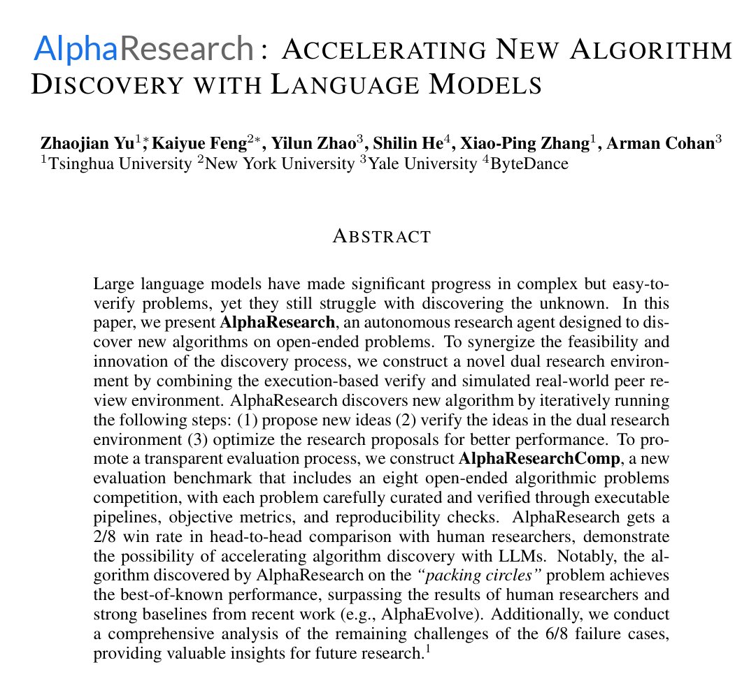julio_serrano89's tweet photo. AI just beat the human world record for the "Packing Circles" problem. ⭕️

AlphaResearch discovered a new algorithm (score: 2.939) by simulating peer reviews and executing code loops.

It is discovering the unknown.

#AlphaResearch #AI

PDF: https://t.co/YP0ph4xa6E https://t.co/KcT0jv9JD1