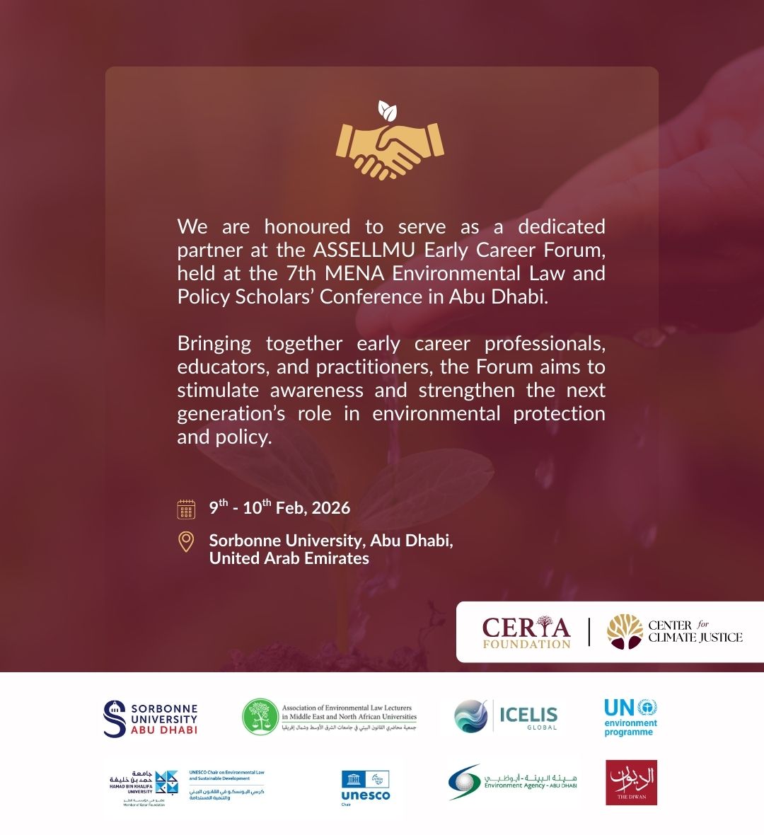 certafoundation's tweet photo. We’re proud to partner at the @ASSELLMU early Career Youth Forum &amp; 7th Scientific conference on Environmental Law in Abu Dhabi, empowering youth leaders &amp; advancing environmental protection at the intersection of law, tech &amp; policy. #YouthLeadership #EnvironmentalLaw https://t.co/QYsXSXlBTr