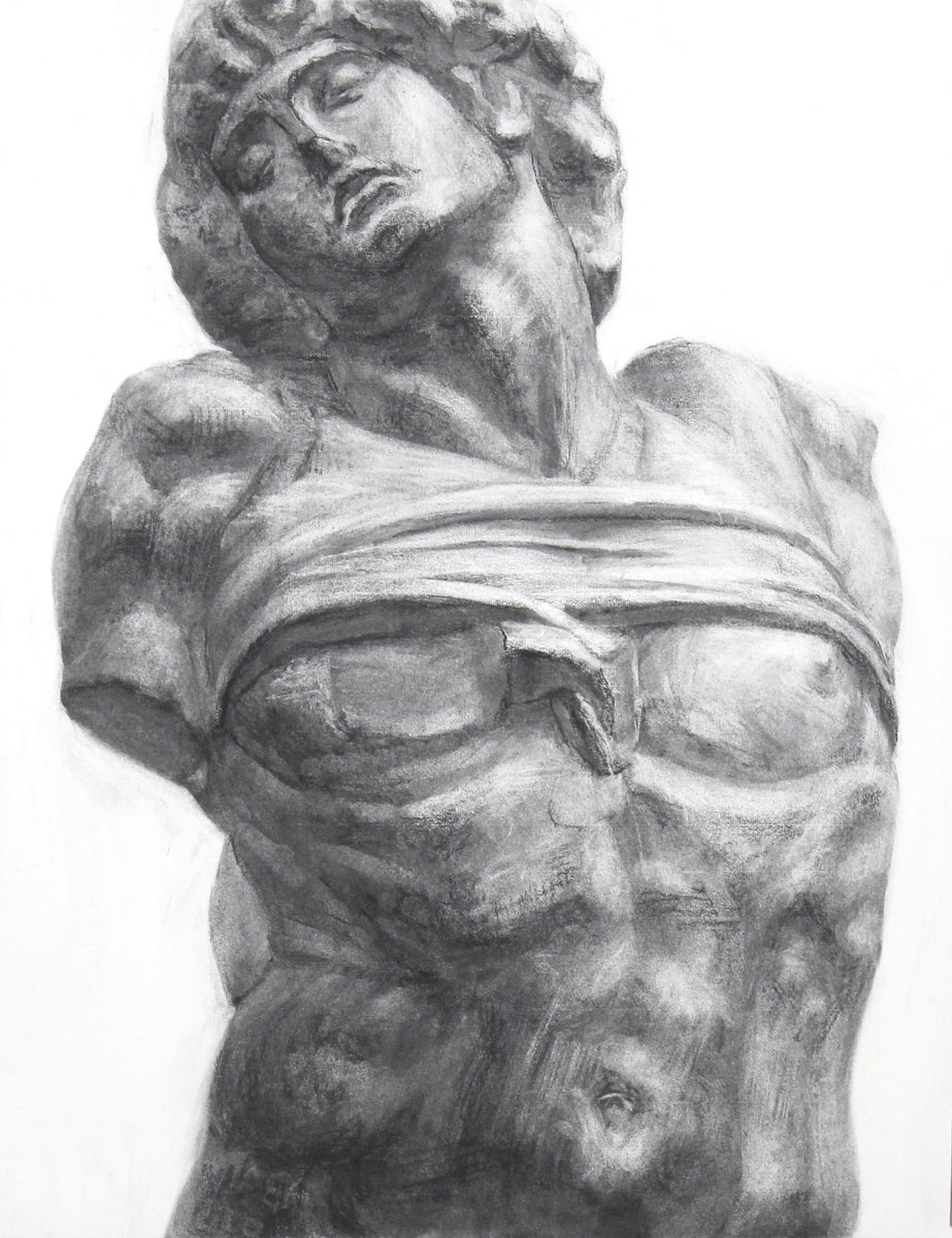 受験コースの作品です。伸びやかかつボリューム感に魅力が出せていてとても良いデッサンになっていると思います。奴隷でここまでできるなら技術的にはもう大丈夫ですね。おかしな思考に陥らないように表現のリズムづくりを意識して調整していってください！
３枚目は現役生の作品。